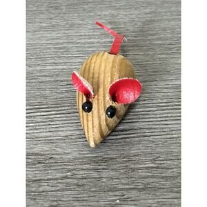 Small Carved Wooden Mouse With Leather Ears & Tail